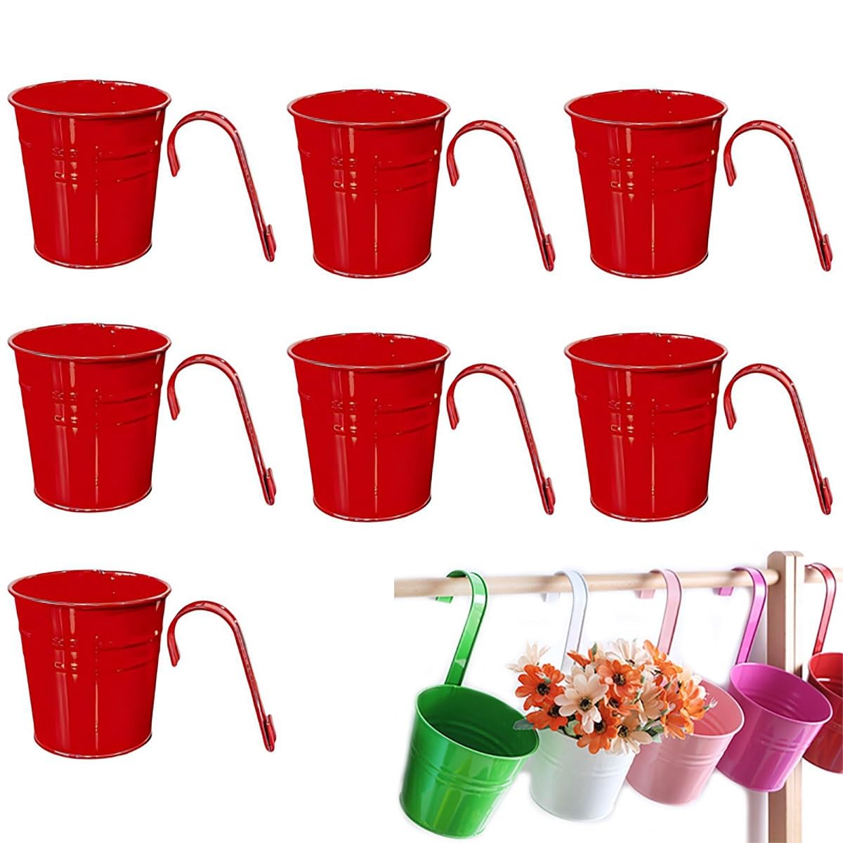 IRCKONCI 7 PCS Vintage Hanging Flower Pots Metal Iron Bucket Planter Plant Pots With Detachable Hook And Drainage Hole, for Fence Balcony Garden Wall Home Decor Outdoor Patio(Red)