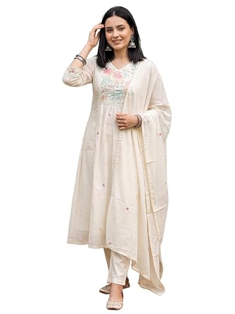 INDO ERA Women's Pure Cotton Embroidered A-Line Kurta & Pant with Dupatta Set