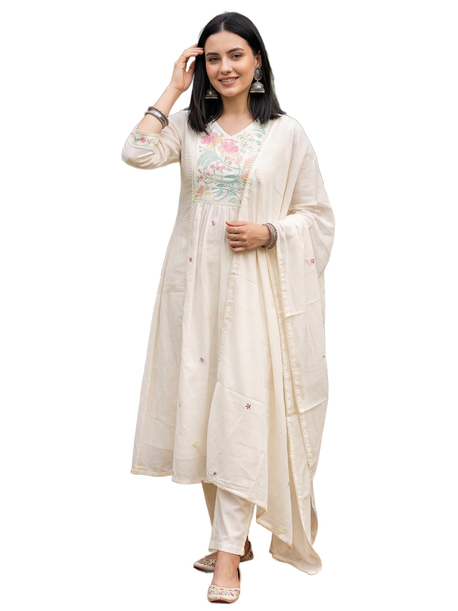 indo era Women's Pure Cotton Embroidered A-Line Kurta & Pant with Dupatta Set | Cotton kurta sets for women-picture-28