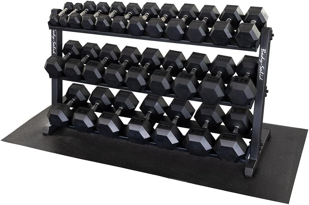 Body-Solid (GDR603T) 60 inch Dumbbell Rack with 3rd Tier - Stand Only, Heavy-Duty Dumbell Weight Storage Racks for Hand Weights, Home Gym Organizer Can Hold 5-70 lbs. Hex Dumbbells