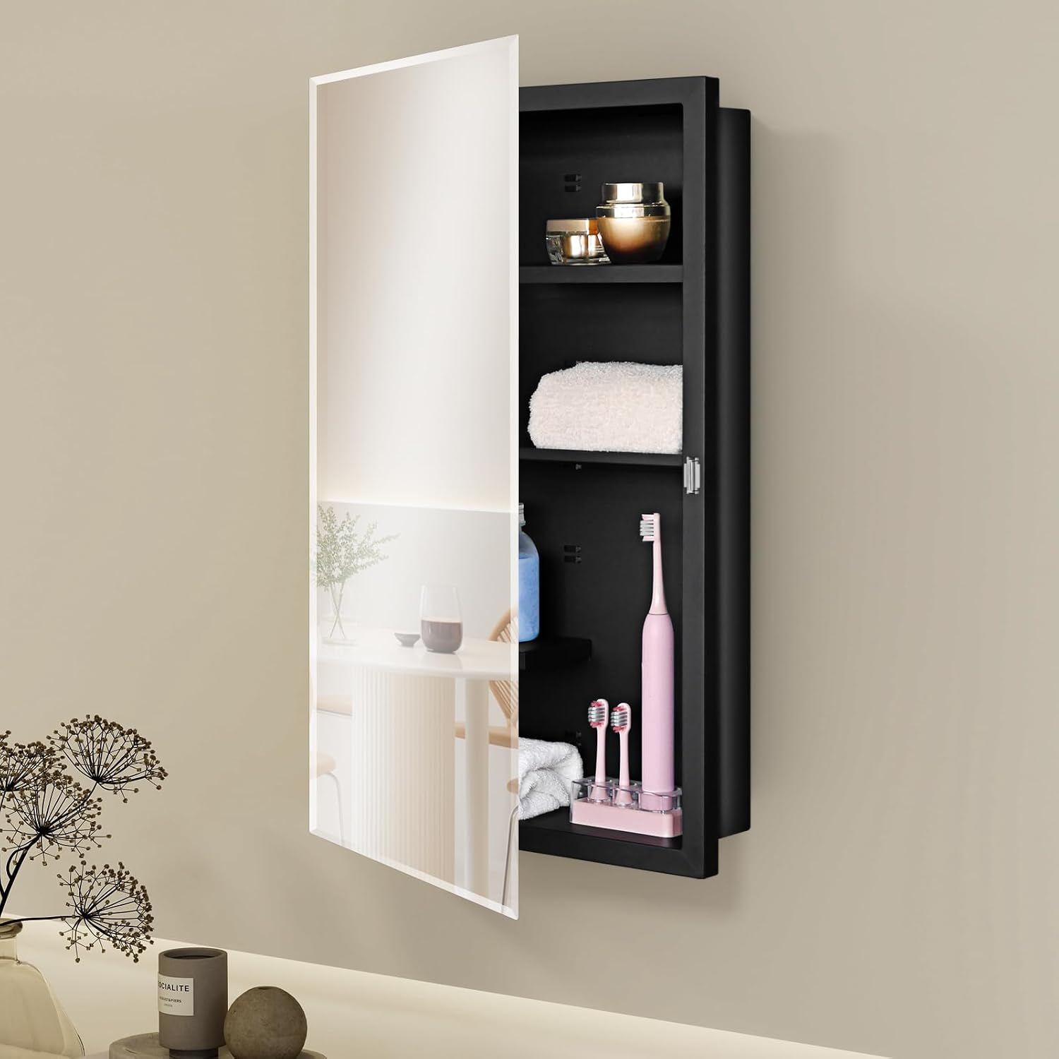 Fundin Black Medicine Cabinet Recessed or Surface Mount, Bathroom Medicine Cabinet with 16 x 26 Beveled Mirror and Adjustable Staggered Shelves