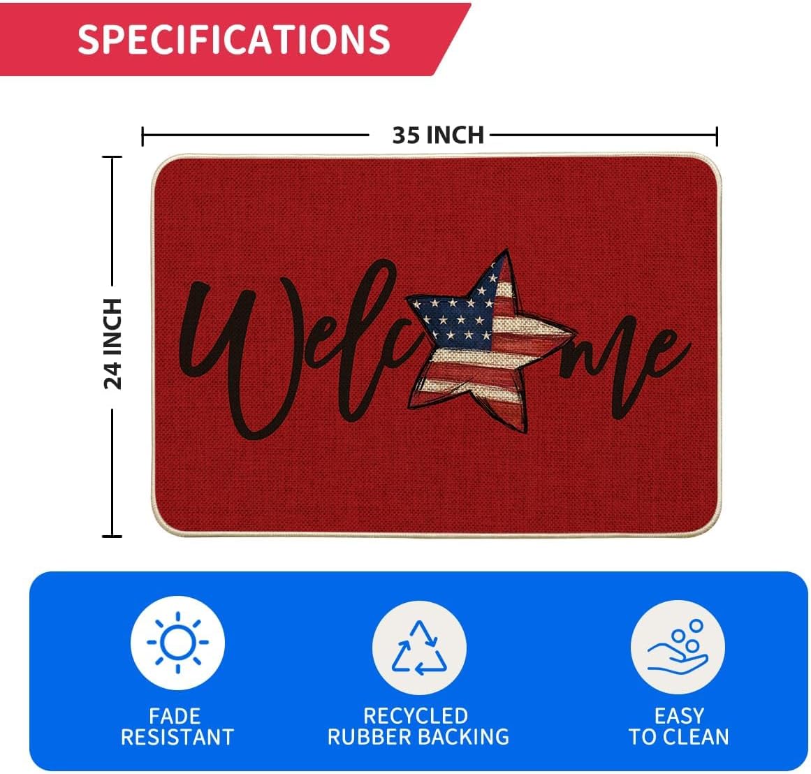 Condition photo showing New/Like New for artoid mode red american flag stars 4th of july doormat, patriotic memorial day home decor low-profile switch rug door mat floor mat for indoor outdoor 24x35 inch 24" x 35" red