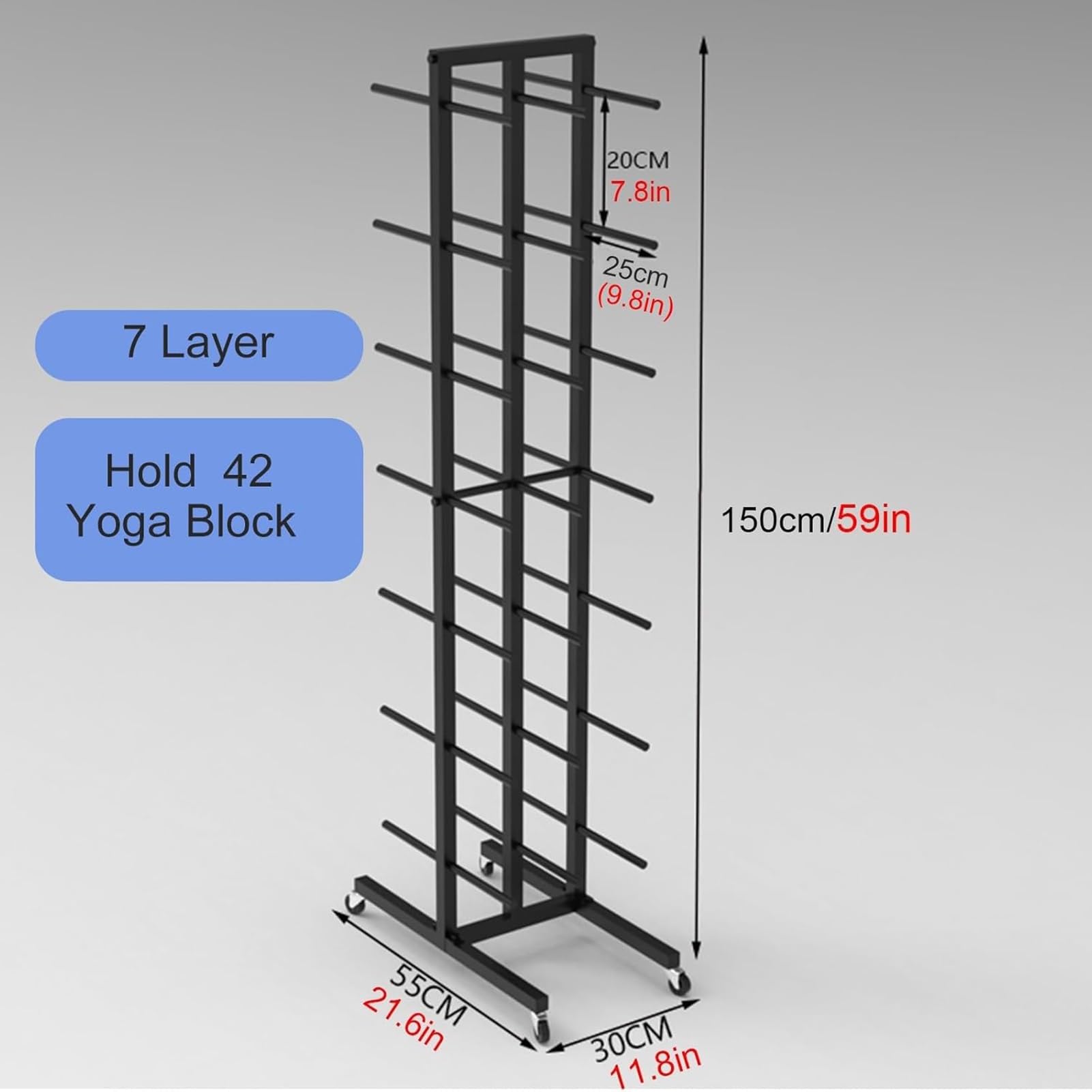 Rolling Yoga Blocks Organizer Holder for Gym/Workout Room, Heavy Duty Vertical Metal Yoga Mats Rack, Hold 42 Yoga Blocks