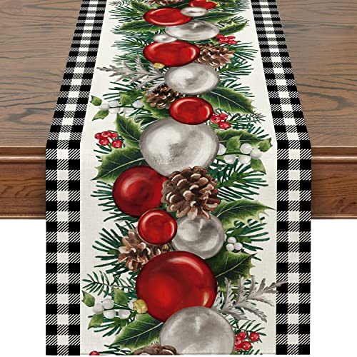 Siilues Christmas Table Runner, Buffalo Plaid Christmas Ball Decorations Christmas Runner For Table Seasonal Winter Decor For Indoor Outdoor Dining Table Decorations (White Black, 13'' X 72'') #TOP11
