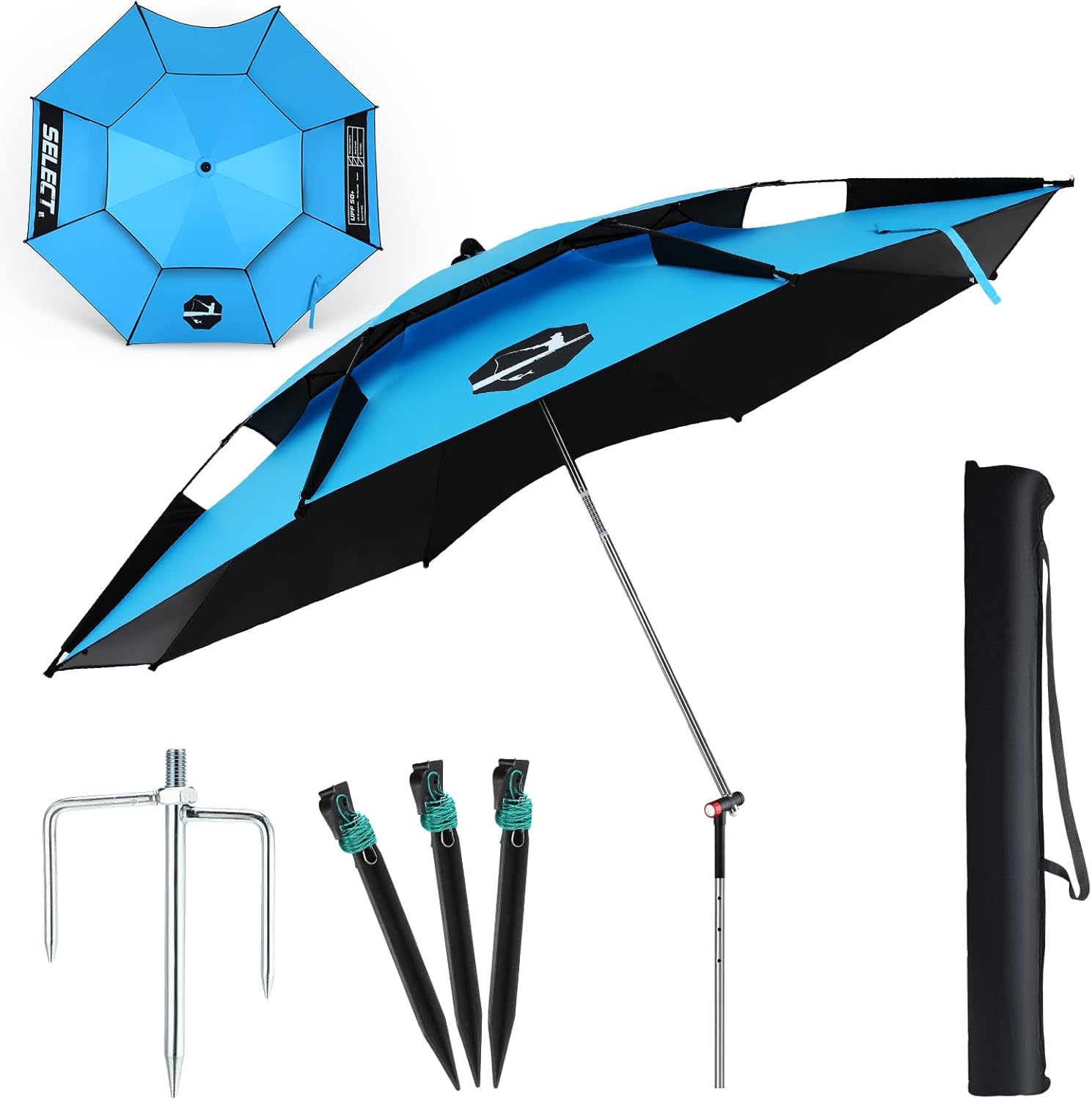 7.2 ft Beach Umbrella for Sand, Portable Windproof UV Protection Sunshade Sturdy Patio Umbrella with Anchor Carry Bag for Beach Garden Pool Outdoor Fishing