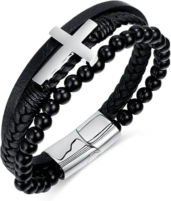 Leather Cross Bracelet with Hematite Beads, Unisex Christian Religious Jewelry