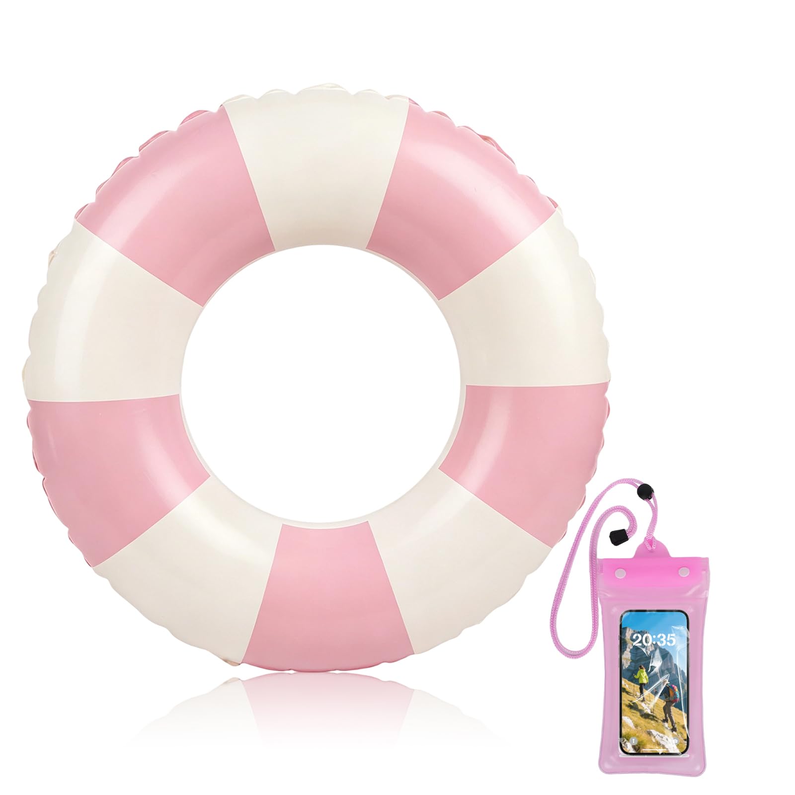 Inflatable Swimming Ring for Adults with Waterproof Phone Pouch, Durable PVC Pool Float, for Summer Beach, Pool Party and Water Sports (Pink)