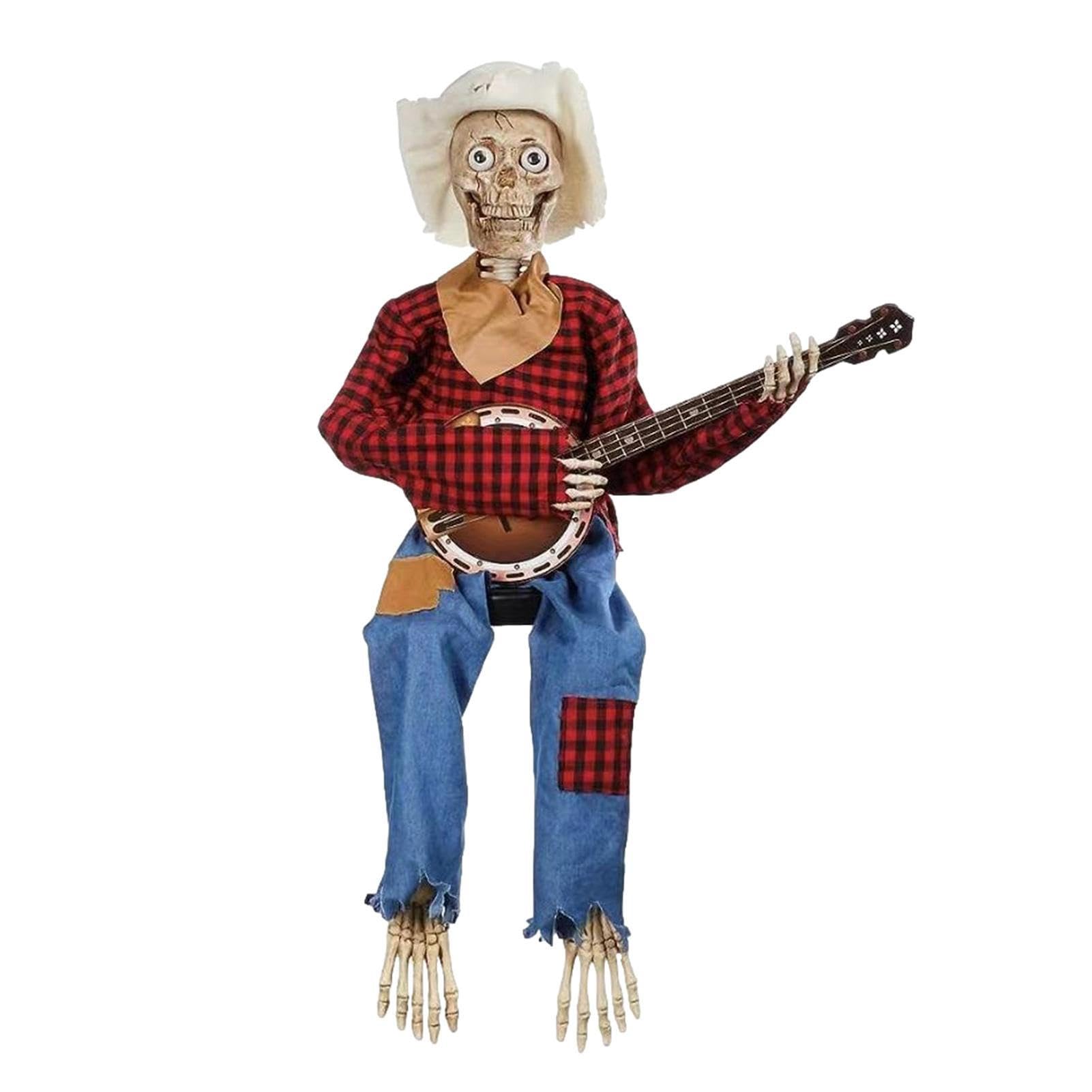 Pologmase Rotes Gitter (Keine Lichter) Halloween Animated Dueling Banjo Skeletons | Halloween Skull Guitar Decoration | Halloween Animatronics Banjo Skeletons For Halloween Interior Decoration Desktop Decoration
