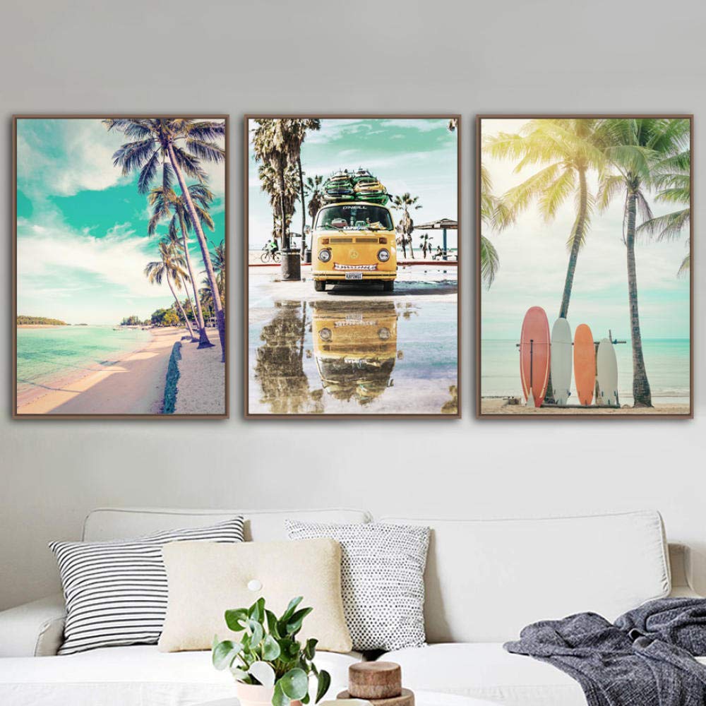 ZGZART Palmera de Playa árbol de Coco Tabla de Surf mar Pared Arte impresión Lienzo Pintura Cartel nórdico Cuadros de Pared para decoración de Sala de Estar - 50x70cmx3 (sin Marco)