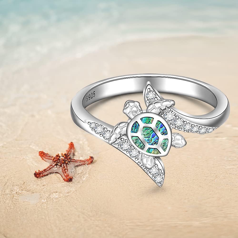 Turtle Ring Sea Turtle Abalone Shell Ocean Wave Rings for Women Sterling Silver Animal Good Luck Mothers Day Longevity Gifts Size 6 7 8 9 10
