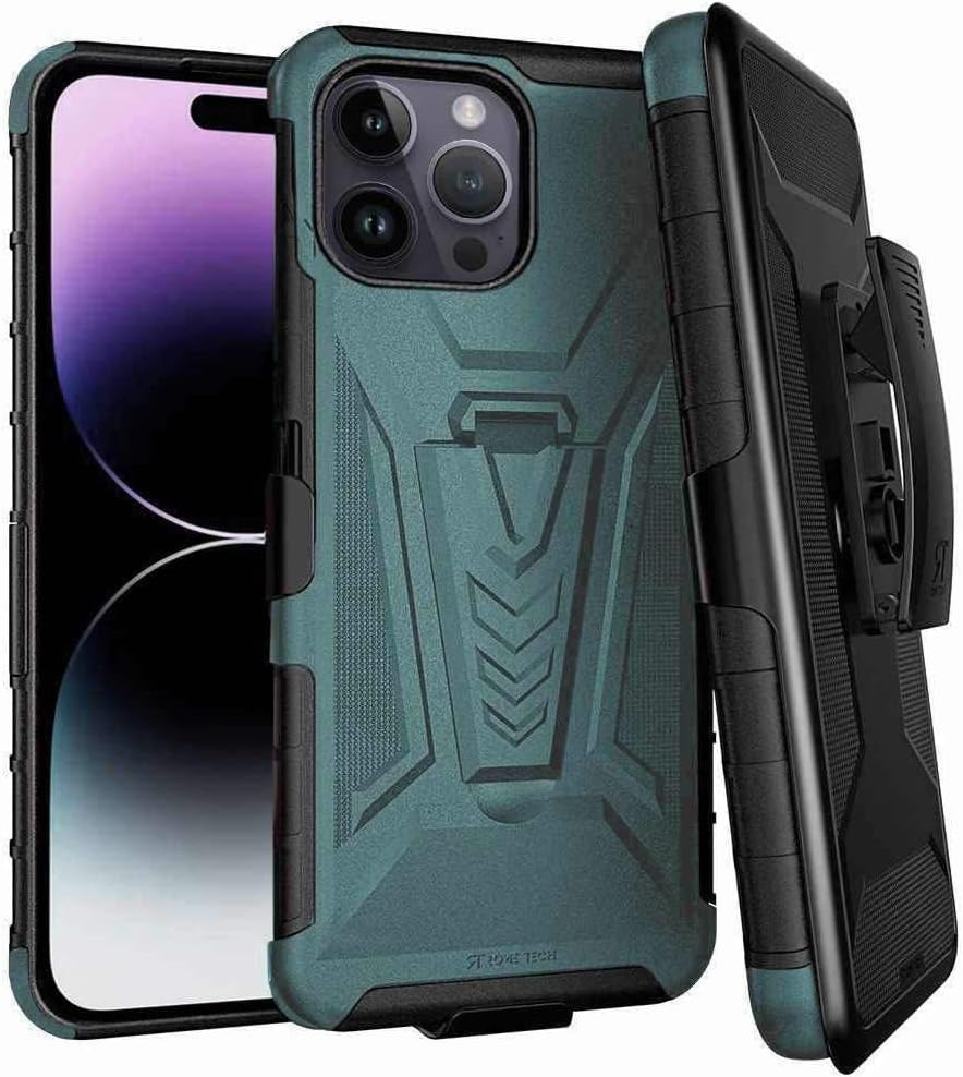 Rome Tech Belt Clip Holster Case for Apple iPhone 14 Pro Max 6.7" (2022) - Dual Layer Shockproof Cell Phone Cover with Kickstand - Heavy Duty iPhone 14 Pro Max Phone Case with Clip On - Dark Green
