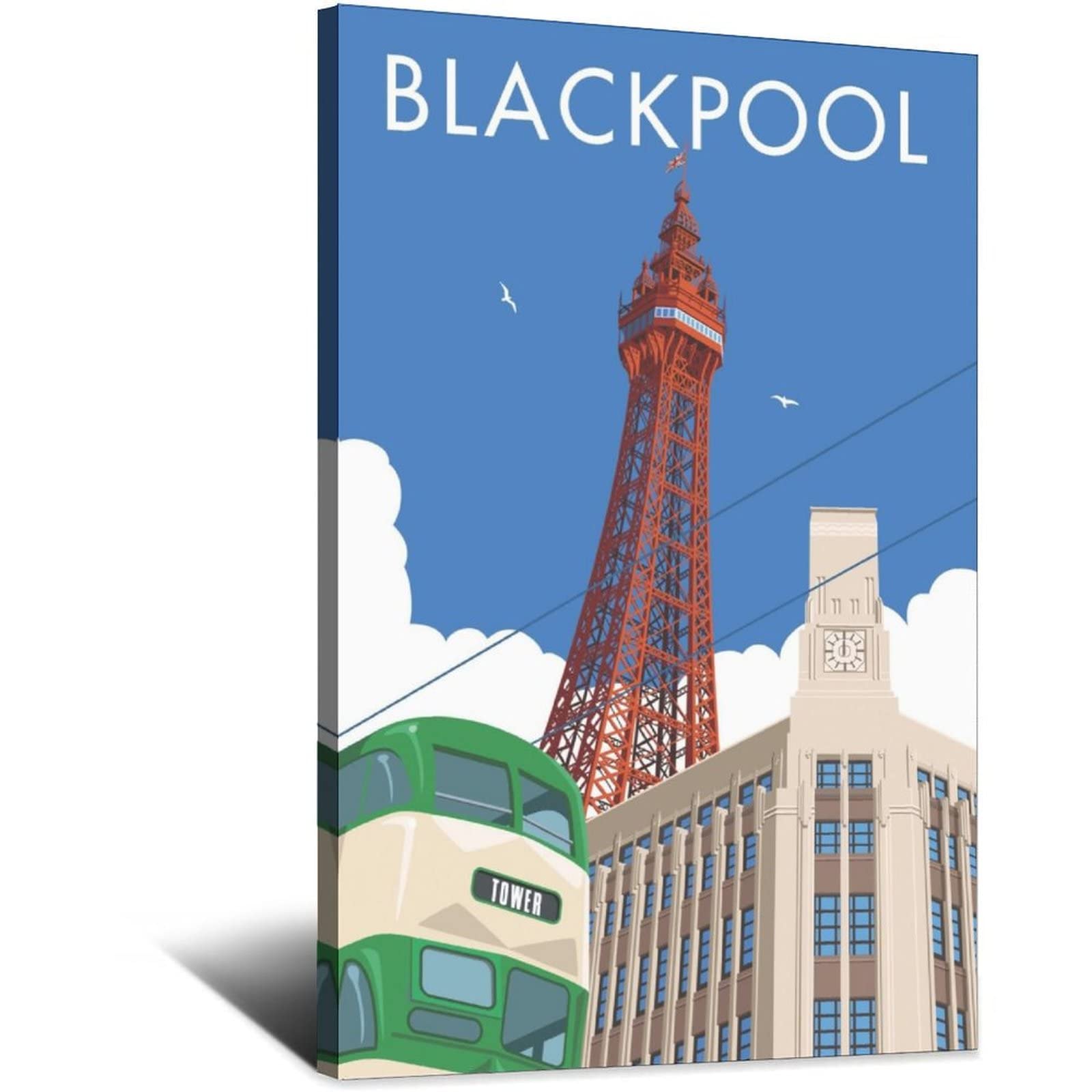 Vtgclt Frame-Style England Blackpool Vintage Travel Posters Tower Bus Canvas Painting Pictures Prints Wall Art For Bedroom Office Decor 12X18inch(30X45cm)