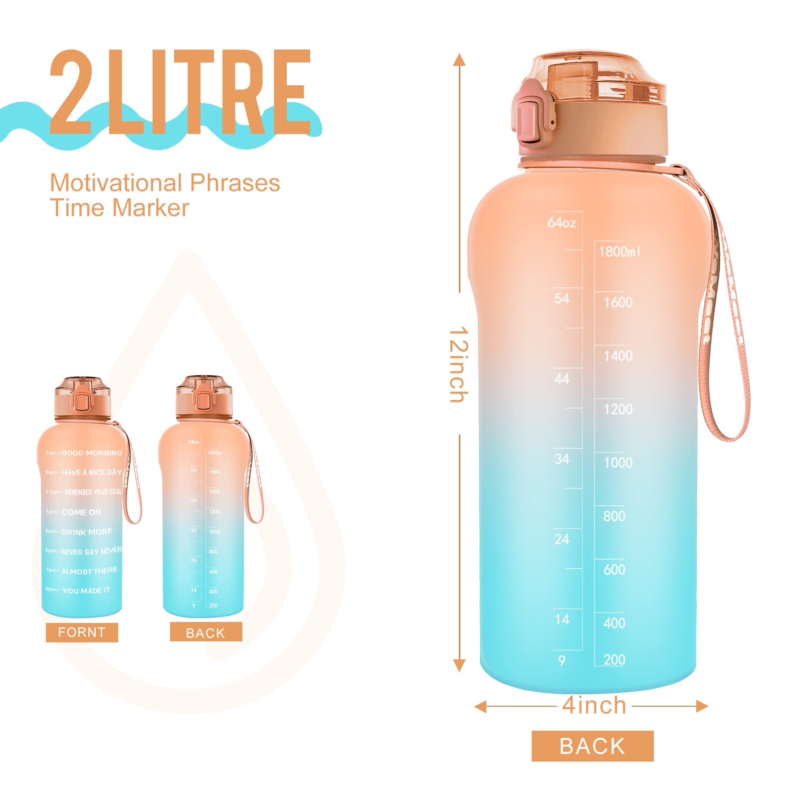 WEMEET Borraccia 2L con Filtro [Tritan Senza BPA], Motivazionale Borraccia Sportiva 2 Litro con Marcatori di Tempo, Bottiglia Acqua Sportiva per Palestra, Campeggio, Yoga, Picnic Arancia Verde