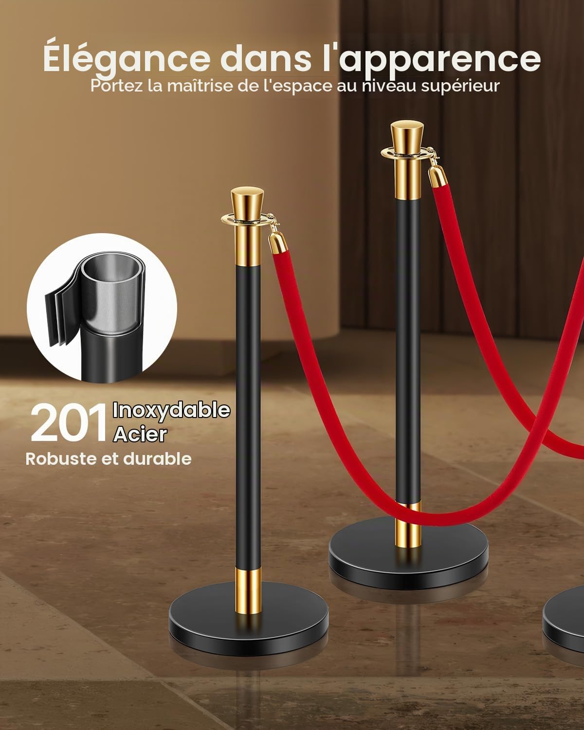 VEVOR Poteau de guidage, 6 pcs, barrière de balisage pour contrôle de foules, avec base creuse, 4 cordes velours rouge et poteaux noirs en acier inoxydable, pour théâtre, mariage, fournitures de fête