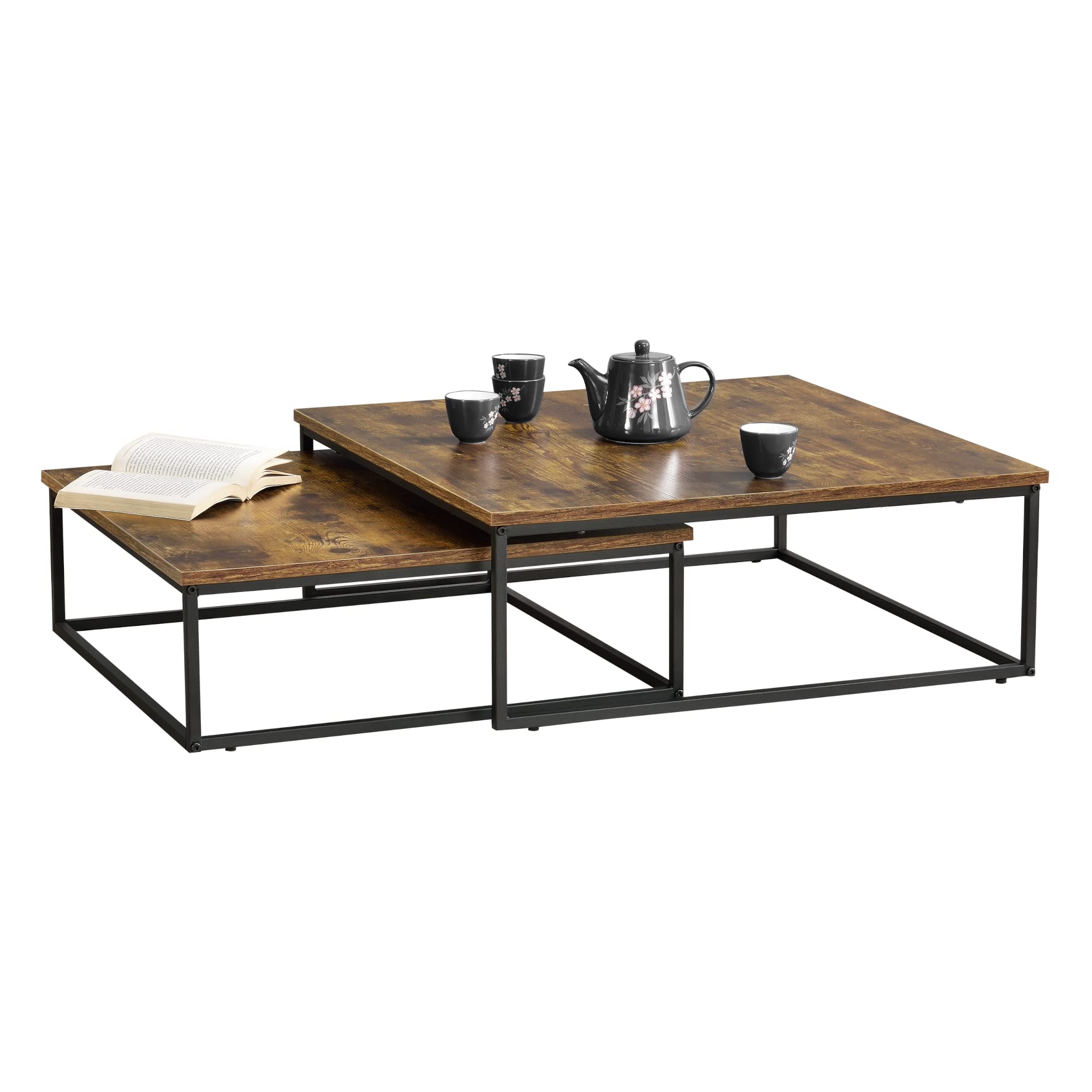 [en.casa] Set di 2 Tavolini Bassi da Salotto/Sale di Attesa - Tavolini Sovrapponibili di Forma Rettangolare in Dimensioni Diversi - Color Legno Scuro