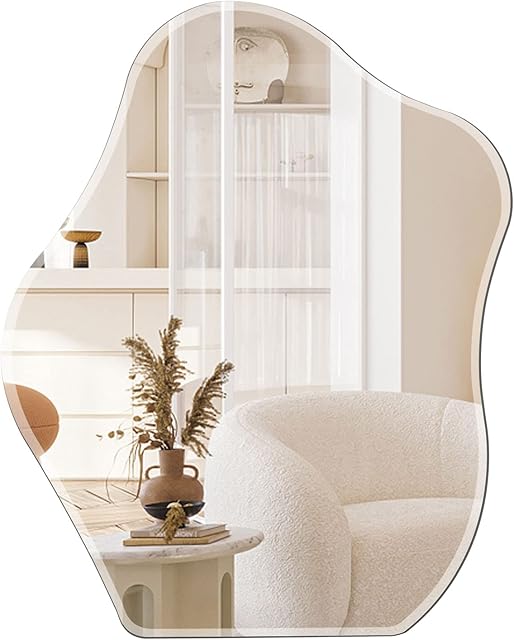 Muzilife 18 x 22'' Asymmetrical Bathroom Mirror, Irregular Frameless Wall Mirror with Wood Backplane, Scalloped Wall Vanity Mirror, Decorative for Living Room Bedroom Entryway Hallway