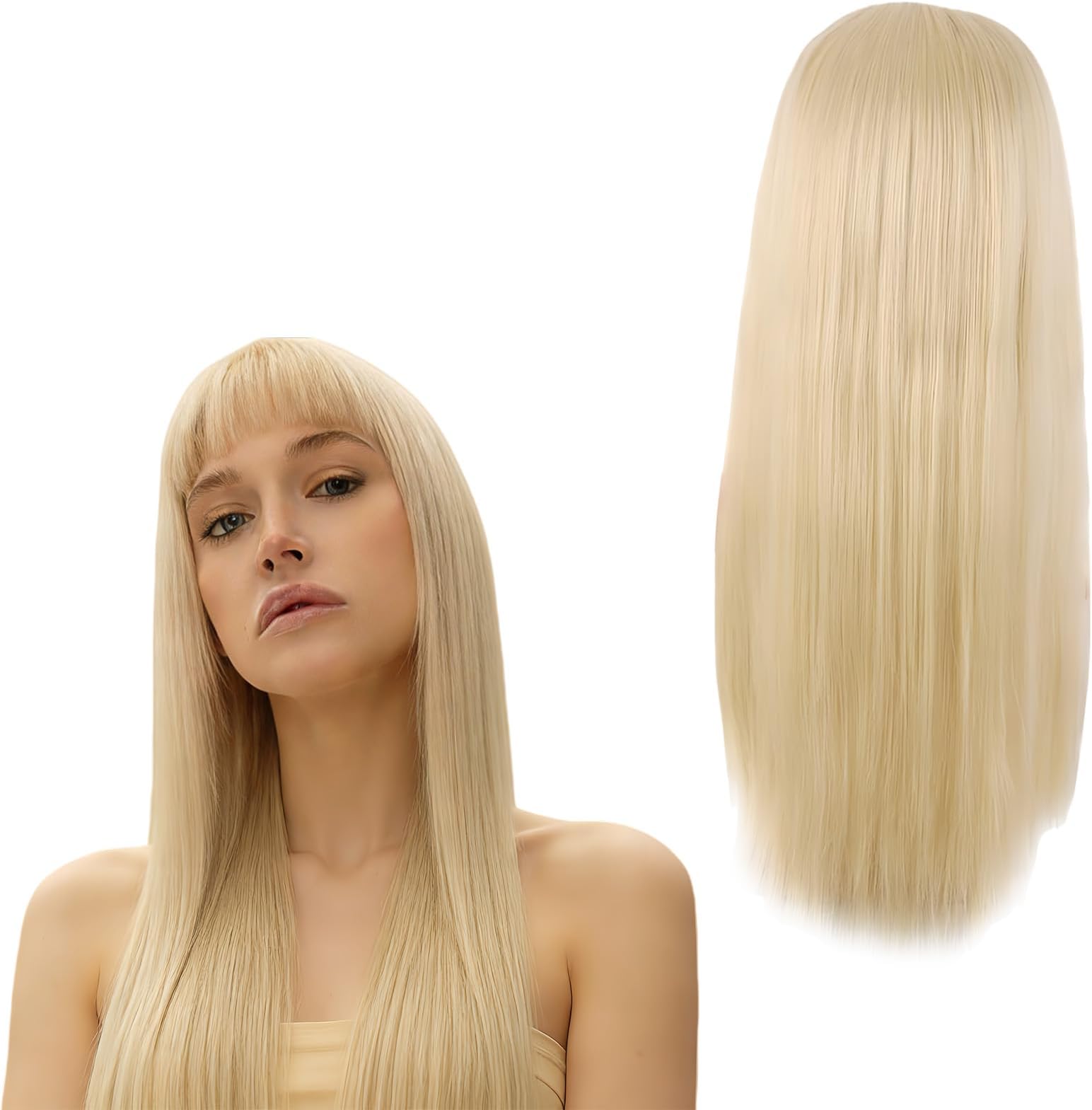 1Pc Straight Blonde Wig, Long Blonde Wigs for Women, 25.59inch/65cm Synthetic Long Straight Hair Wig with Flat Bangs Suitable for Daily Use or Cosplay Halloween Party