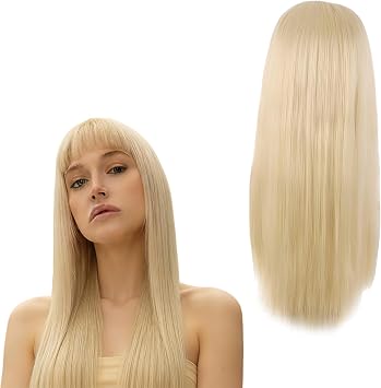 1Pc Straight Blonde Wig, Long Blonde Wigs for Women, 25.59inch/65cm Synthetic Long Straight Hair Wig with Flat Bangs Suitable for Daily Use or Cosplay Halloween Party