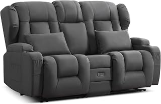 Kinosessel 2-Sitzer manuell, Relaxsessel mit Liegefunktion & GetränkehalterDoppel-Fernsehsessel Relaxsofa verstellbar mit Klappkonsole, Heimkino Sofa Stoff für Wohnzimmer, Grau, Zweisitzer