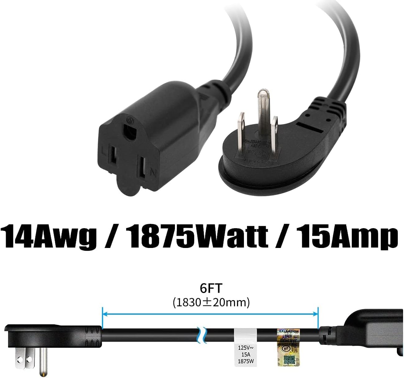 FIRMERST 1875W Flat Plug Extension Cord 6 Feet 14 AWG 15A Black, Pack of 3, UL Listed
