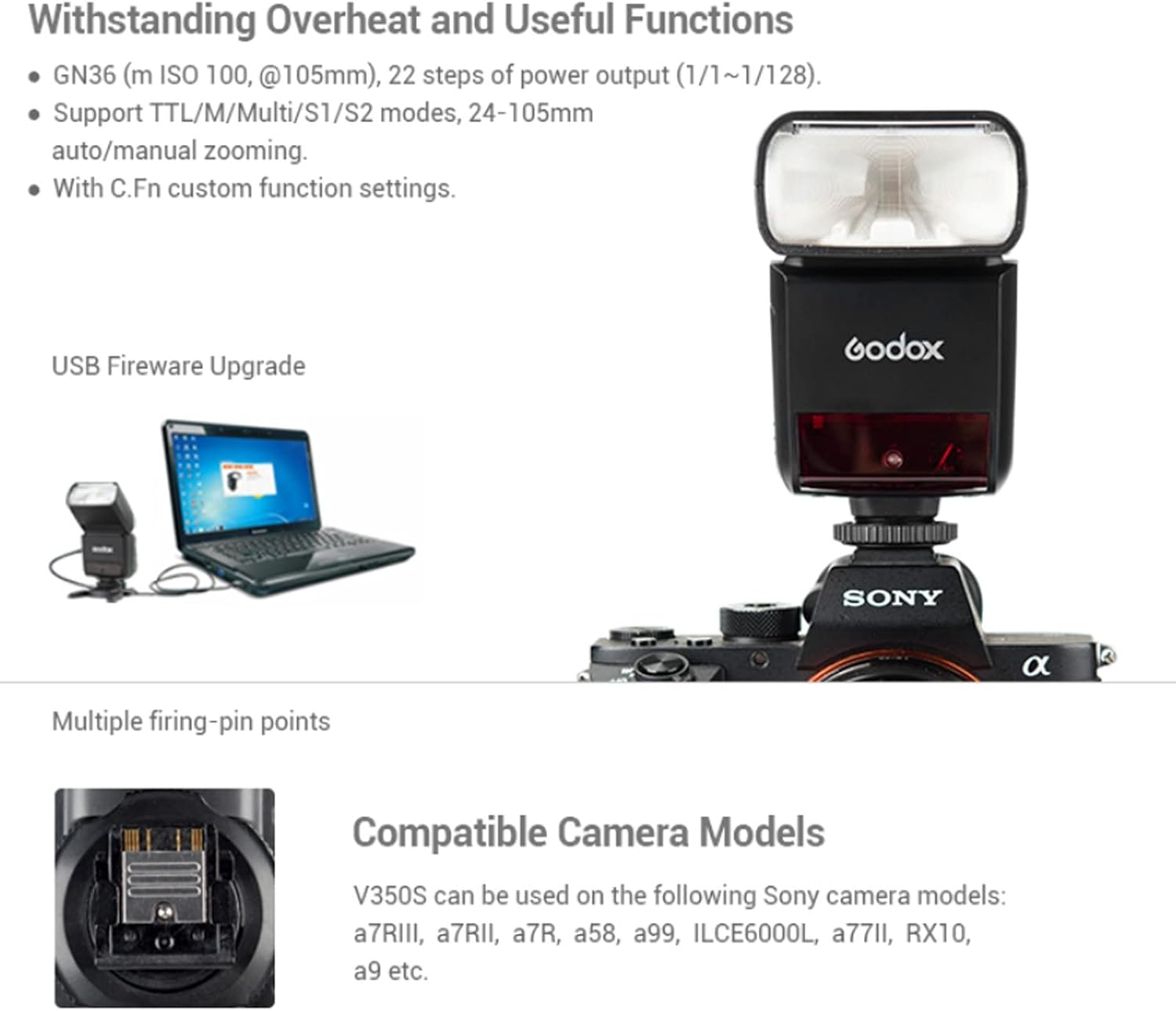 Godox V350S TTL Flash for Sony 2.4G GN36 1/8000s HSS 500 Full Power 0.1s-1.7s Recycle w/2000mAH Rechargeable Battery Speedlite for Sony A7RIII A7RII A7R A58 A99 ILCE6000L A77II RX10 A9 etc (V350-S)