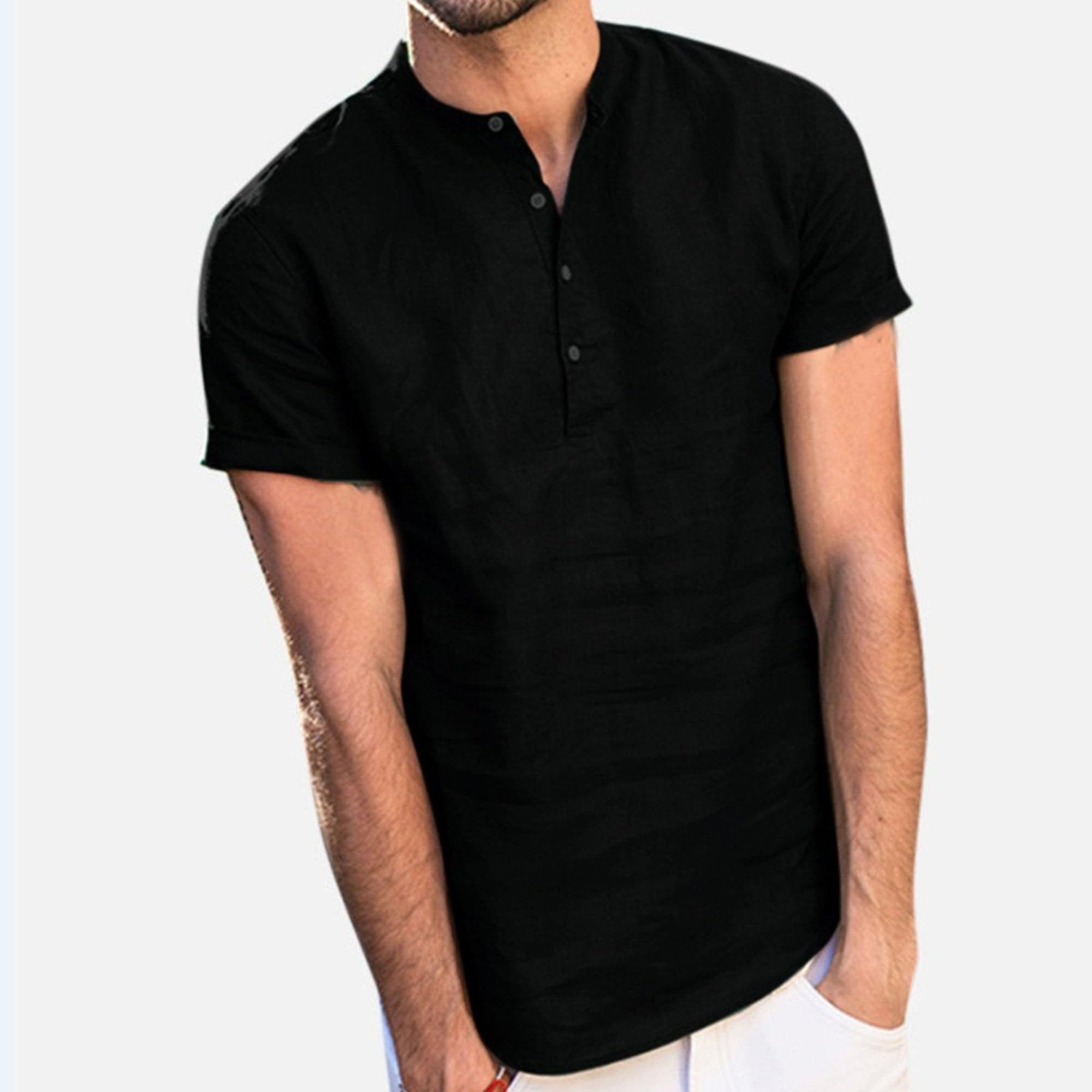 Men Solid Stand Collar Street Shirts Normal Thin Cotton Linen Cool T Shirt Summer Quarter Button Pullover Tops (Black,3X-Large)