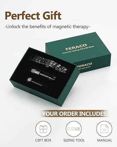 Vista 31 de Feraco Pulsera magnética de acero de titanio para hombre con doble fila de 4 elementos imanes, regalos para el día del padre Negro,Negro