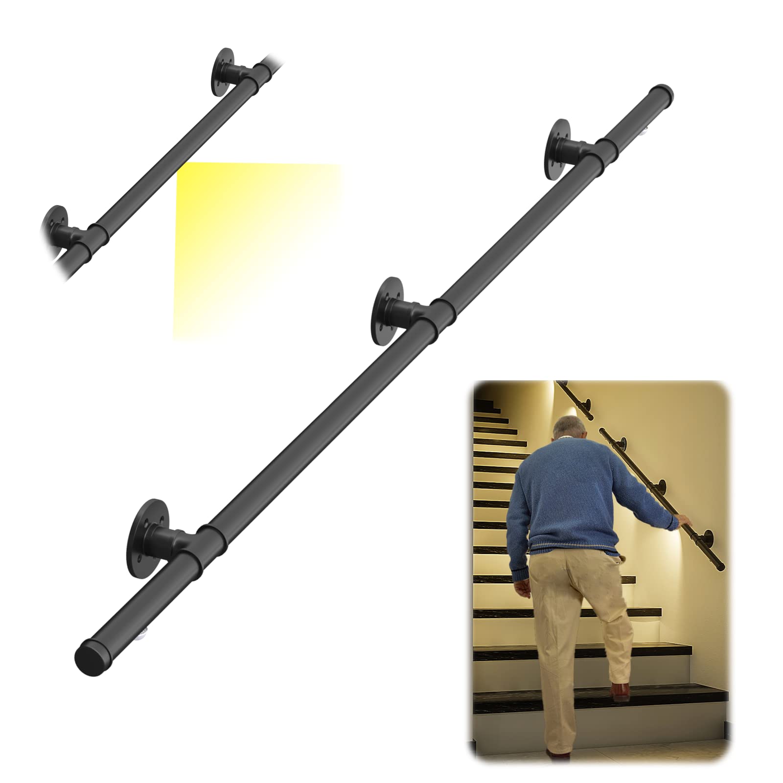 Muzata 12V LED Pipe Handrail Kit 6.6Ft with DC Power Jack Staircase Sensor Light Handrail Wall Mounted Hand Railings Industrial Style, HW21 BBG