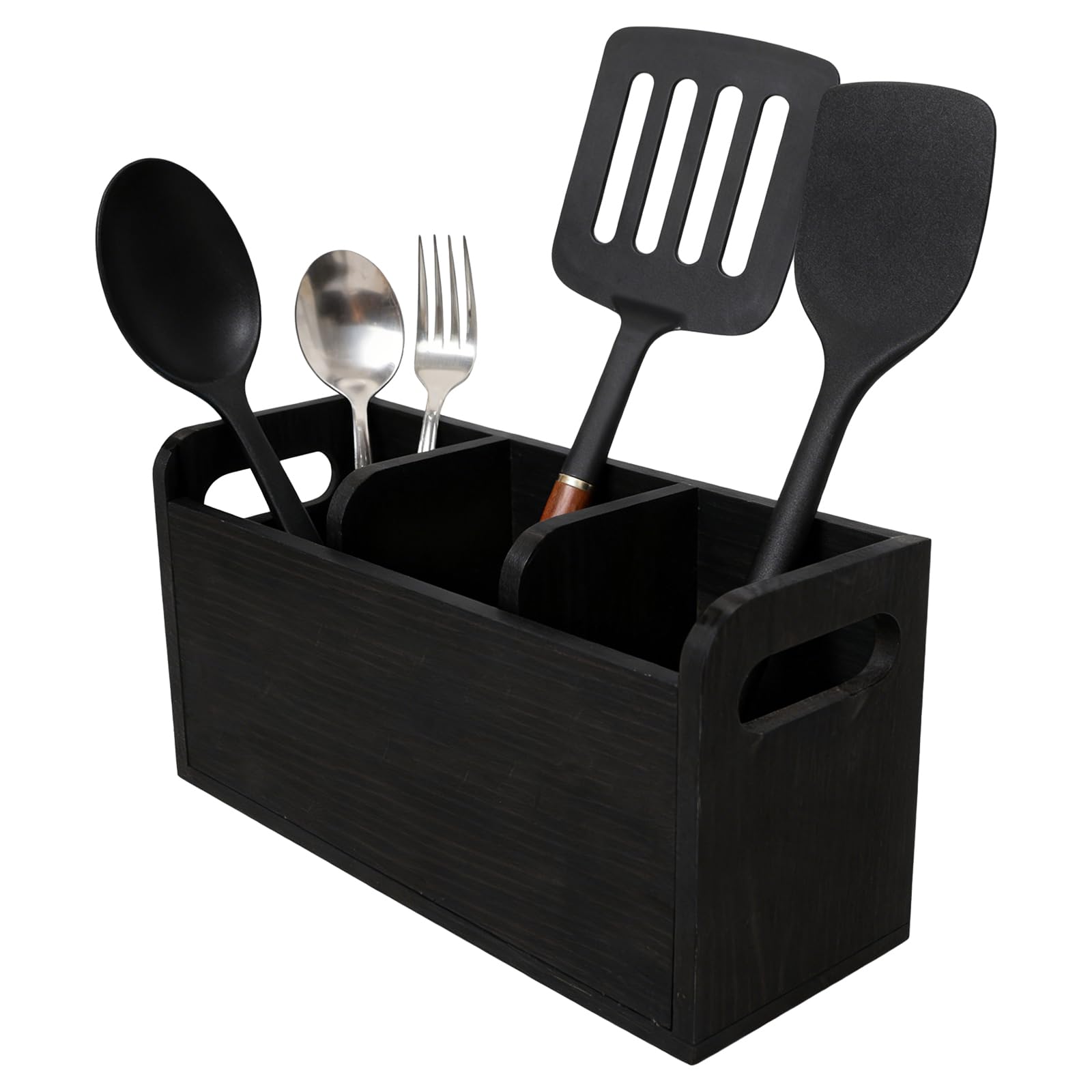 YOFAPA Wooden Utensil Holder, 10.6 in Large Rustic Cutlery Caddy, Vintage Kitchen Utensils Holder with Open Design, Farmhouse Utensil Organizer, Sturdy Wood, Decorative Black
