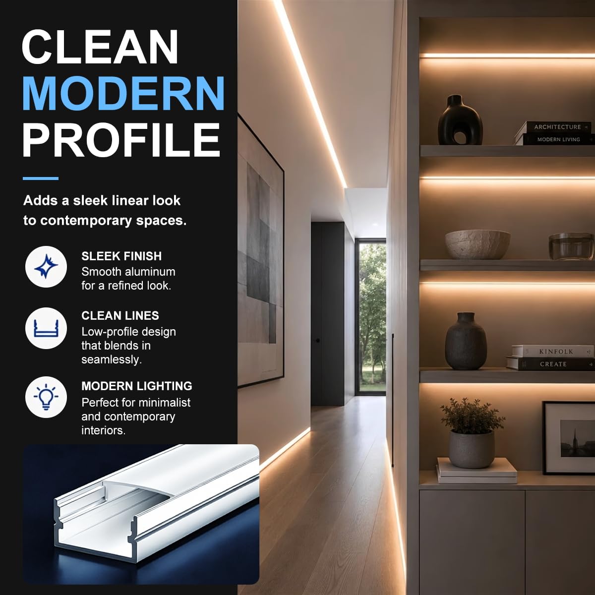 6 x LED Profile for Strips 2 m (12 m), LED Aluminium Rail for Drywall, Suitable for Strips up to 12 mm Width, Dimensions: 17.4 x 7 mm, Installation for Tiles, Plasterboard, Wood Panels