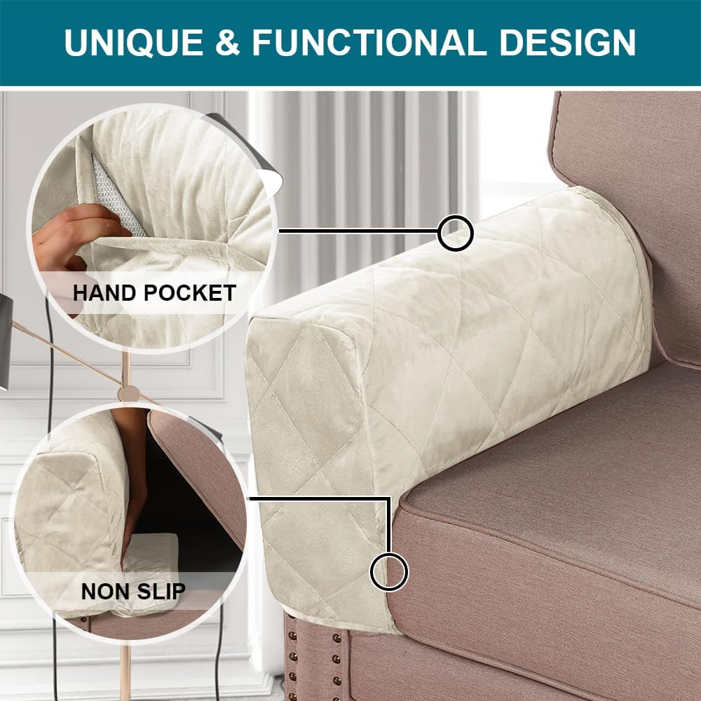 Turquoize Velvet Armrest Covers for Chairs and Sofas Couch Armrest Cover for Recliner with Side Pocket Non-Slip Arm Covers Protector for Dogs Washable Armrest Slipcovers Set of 2, Ivory