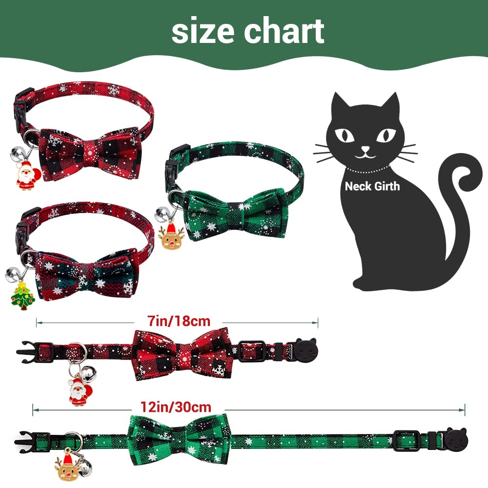 YUJUN 3er-Pack Weihnachts-Katzenhalsbänder mit Fliege und Glocke, verstellbar, kariert, Schneeflocke, Halsband, Schnalle, Sicherheit für Welpen, Kätzchen