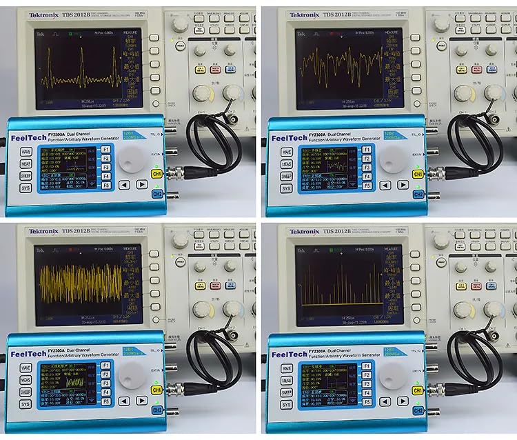 FeelTech FY2300 12Mhz Function Generator connected to an oscilloscope displaying various waveforms