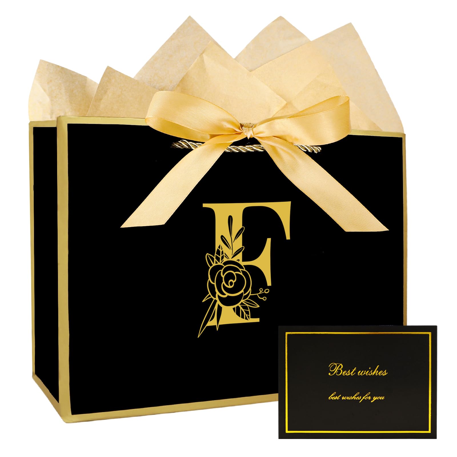 JEKUGOT Birthday Gift Bag for Men Women, Black Medium Gift Bags for Presents, Personalized Gifts Bags for Baby Shower, Weddings and Girls Birthday Party with Wrapping Paper and Card (Black F)