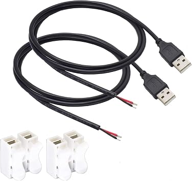 2pcs 1M/3.3Ft 20AWG USB 2.0 Male Plug 2pin Wire DIY Pigtail Cable 5V 5A Black USB Power Cable