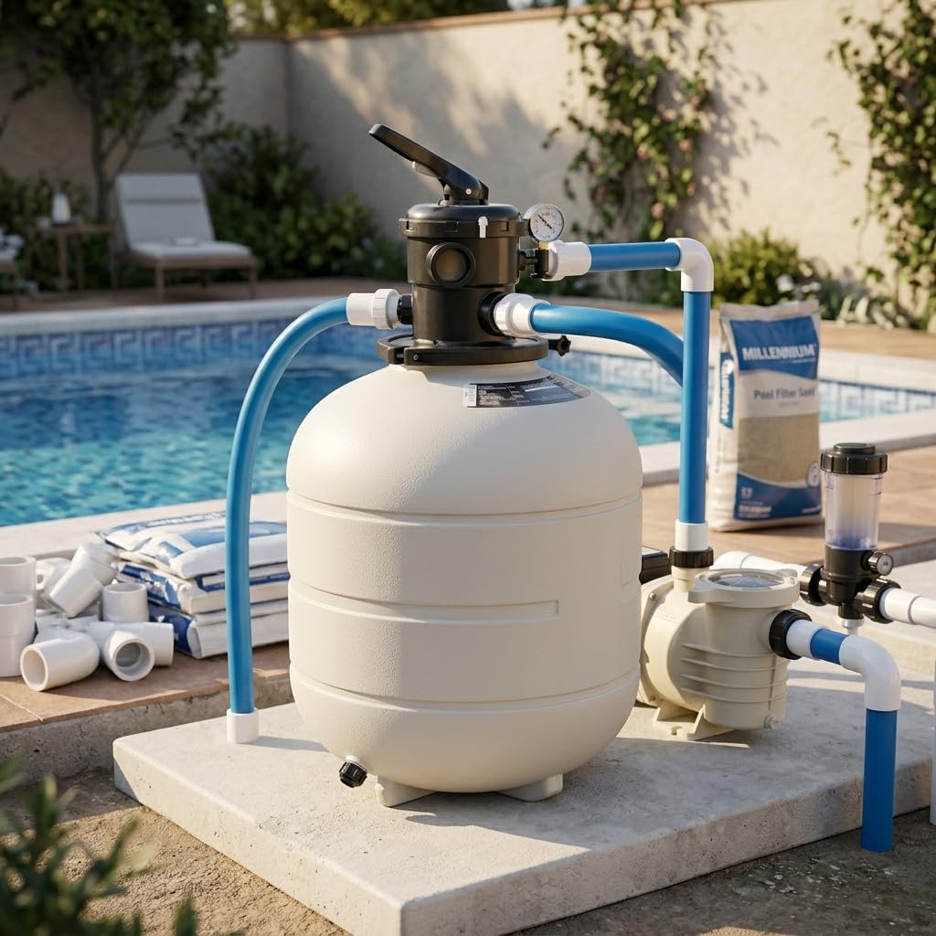 Suinga Filtro de Arena Millennium, depuradora Piscina, válvula selectora Superior incluida. (Ø 430 mm - Salidas 1½")