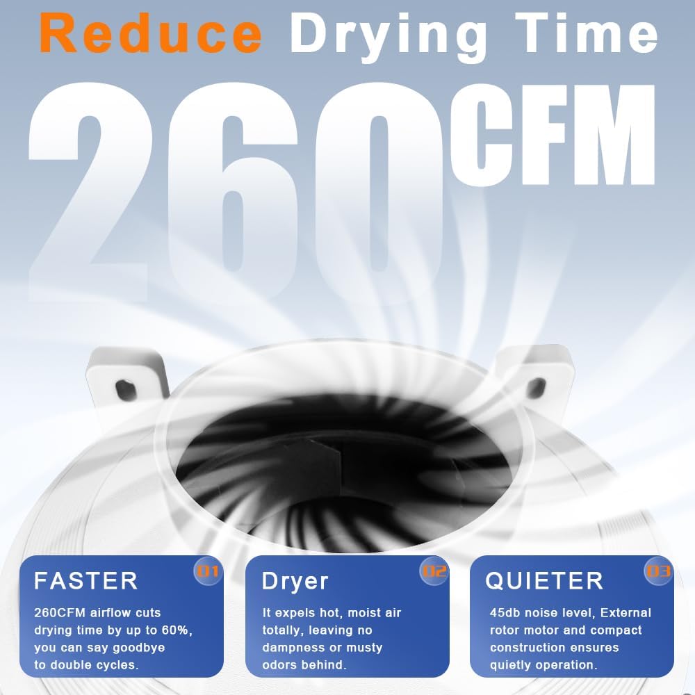 Dryer Vent Booster Fan with Pressure Switch for Automatic Activation, 4" Inline Exhaust Fan 260CFM High Air Volume, Ultra-Quiet Anti-Clog Design Efficiently Reducing Drying Time