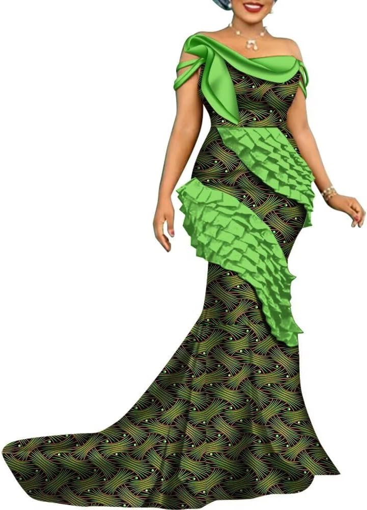 Afrilisco African Print Dresses for Women Wedding Lady Dashiki Party Dresses Cotton Elegant African Outfits Evening Gowns