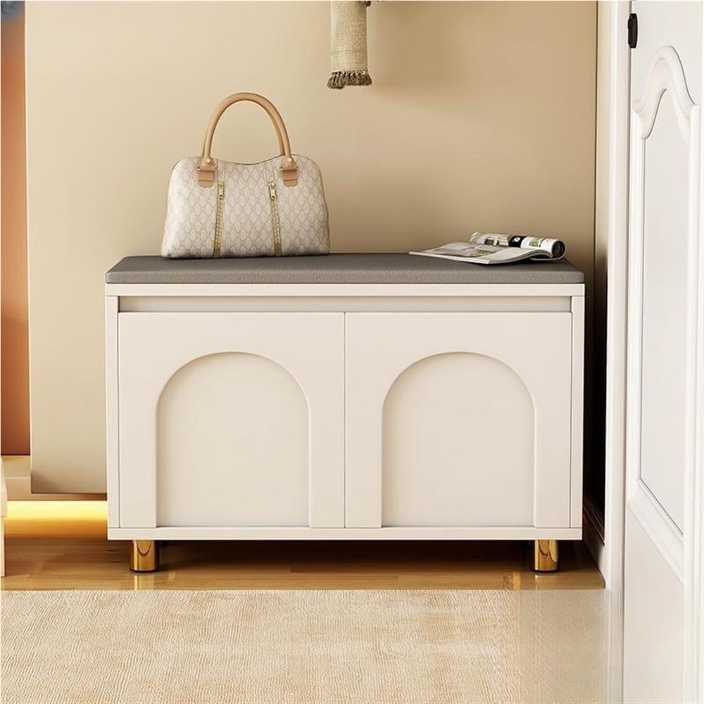 KLGFBDC Shoe Bench Organizer with Cushion 2-Tier Shoe Cabinet & Rack Simple Entryway Storage for Hallway & Mudroom Thickened Synthetic Board Space-Saving Design (23.6x11.8x19.7in)