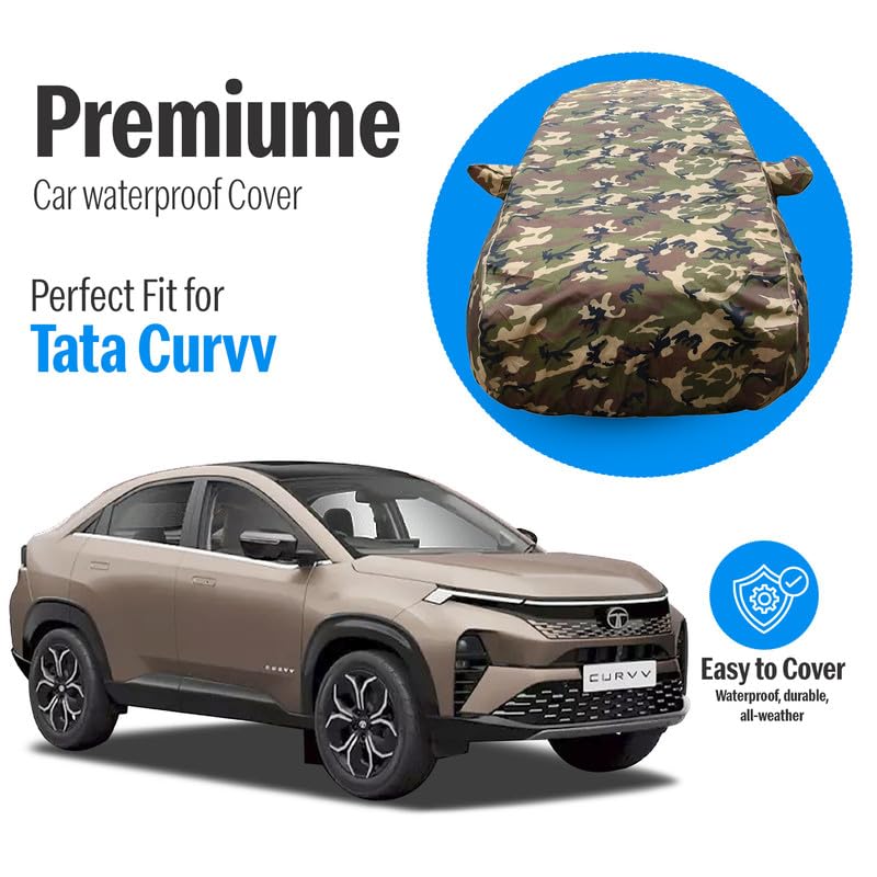 Image of Tata Curvv Waterproof Car Cover - Jungle Print 4x4 American Matty, All-Weather Protection, Triple-Stitched, Windproof with Buckle Belt, Dustproof & Scratchproof (Tata Curvv 2023 Onwards) Gold
