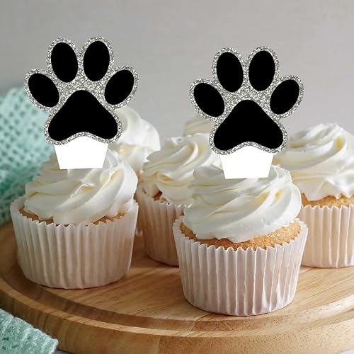 Miniatura 4 de 24 piezas de decoración de fiesta de pata de perro, decoración de una sola cara negra con purpurina para cupcakes de pata de cachorro, tema de