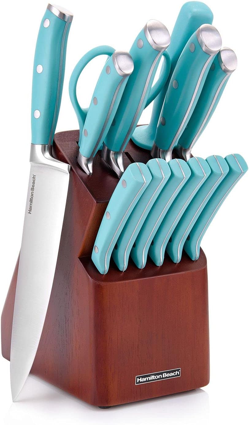 Hamilton Beach 14Piece Kitchen Knife Cutlery Set, Aqua Blue Handles