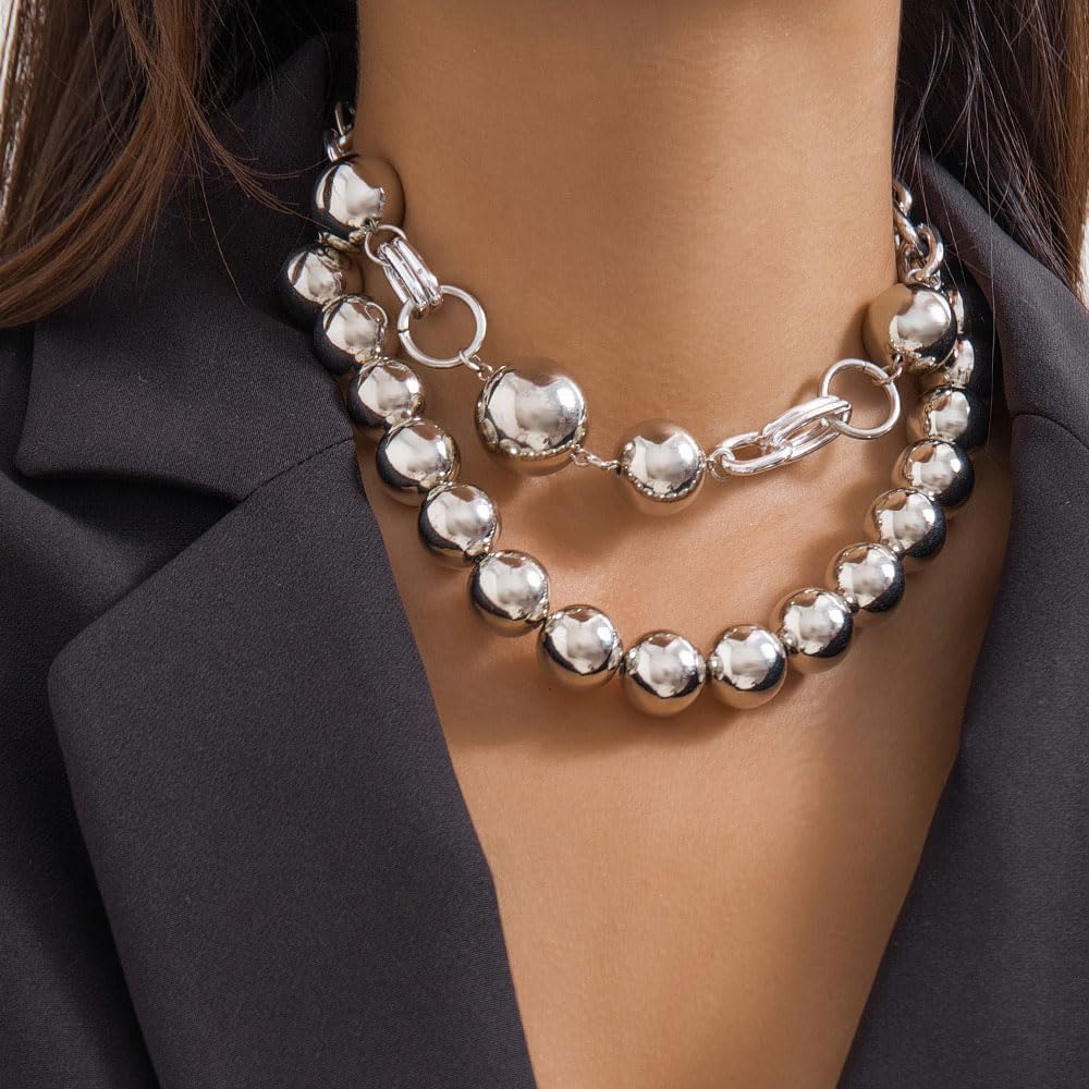 GIGB PBDK Chunky Silver Beaded Necklaces for Women Trendy Statement Choker Necklace Boho Silver Ball Collar Necklace Simple Everyday Prom Jewelry Accessories - Image 3