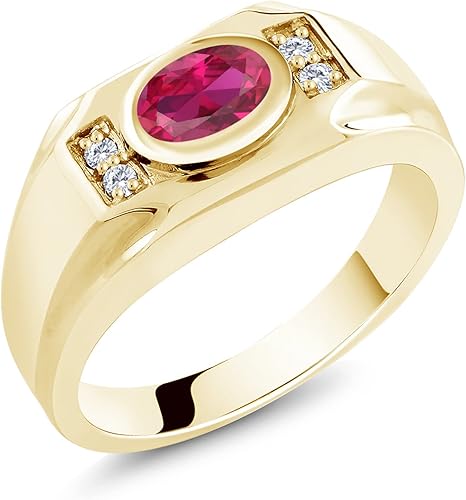 Anillo de plata chapada en oro amarillo de 18 quilates para hombre, ovalado, rojo, rubí y piedra gema, moissanita creada por King (1.50 quilates),