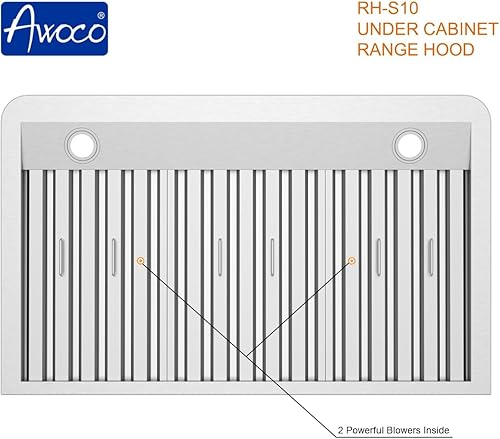 Miniatura 4 de Awoco RH-S10-30 Campana de acero inoxidable de 30 pulgadas y 10 pulgadas de alto para debajo del gabinete, 4 velocidades, ventilación redonda de 8