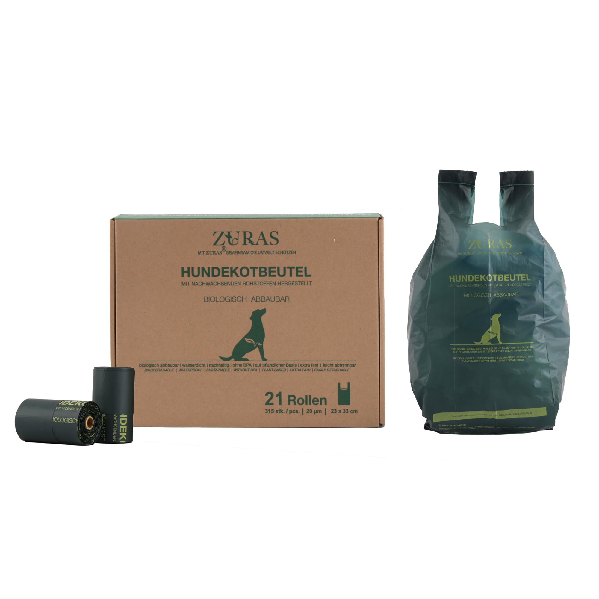 ZURAS® 100% Biodegradable Dog Waste Bags with Plant-Based Handle, 315 Poo Bags, 21 Rolls, 20µm Extra Thick