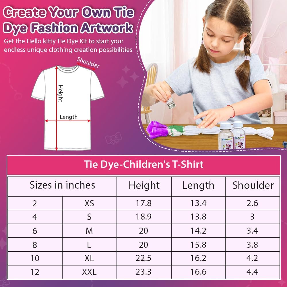 – Hello Kitty - Tie Dye Set - Set Includes with a T-Shirt, 3 Colored Paints, Lining, Gloves and Elastic Bands, Pack of 1 (S)