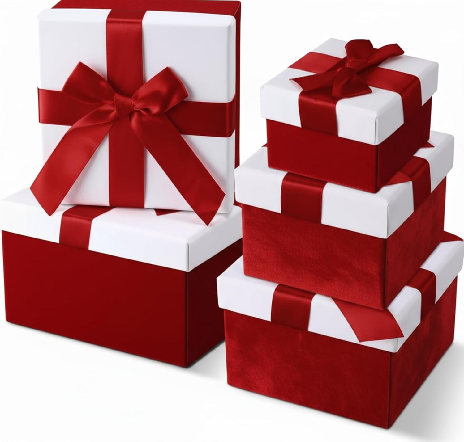 Tenceur 5 Pcs Christmas Gift Boxes Red Assorted Gift Square Boxes with Lids Velvet Gifts Box Birthday Gifts Box with Ribbon for Festival Christmas Birthday Weddings(Red)