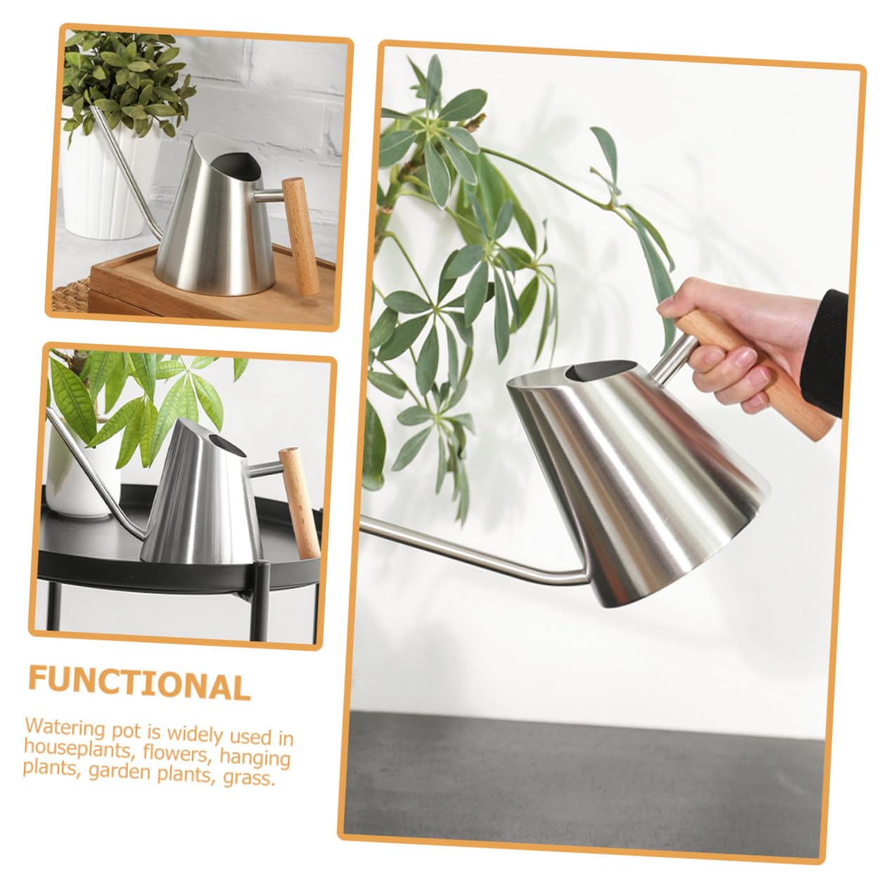 Edelstahl Gießkanne 900ml mit Langem Ausguss, Silber | Holzgriff, für Gartenpflanzen und Blumen, Erreicht Kleine Stellen Beim Gießen