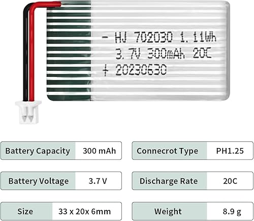 Miniatura 2 de HAWK'S WORK 2 baterías Lipo de 3.7 V, batería recargable de polímero de litio de 300 mAh para helicóptero RC Avión Drone todos los modelos y
